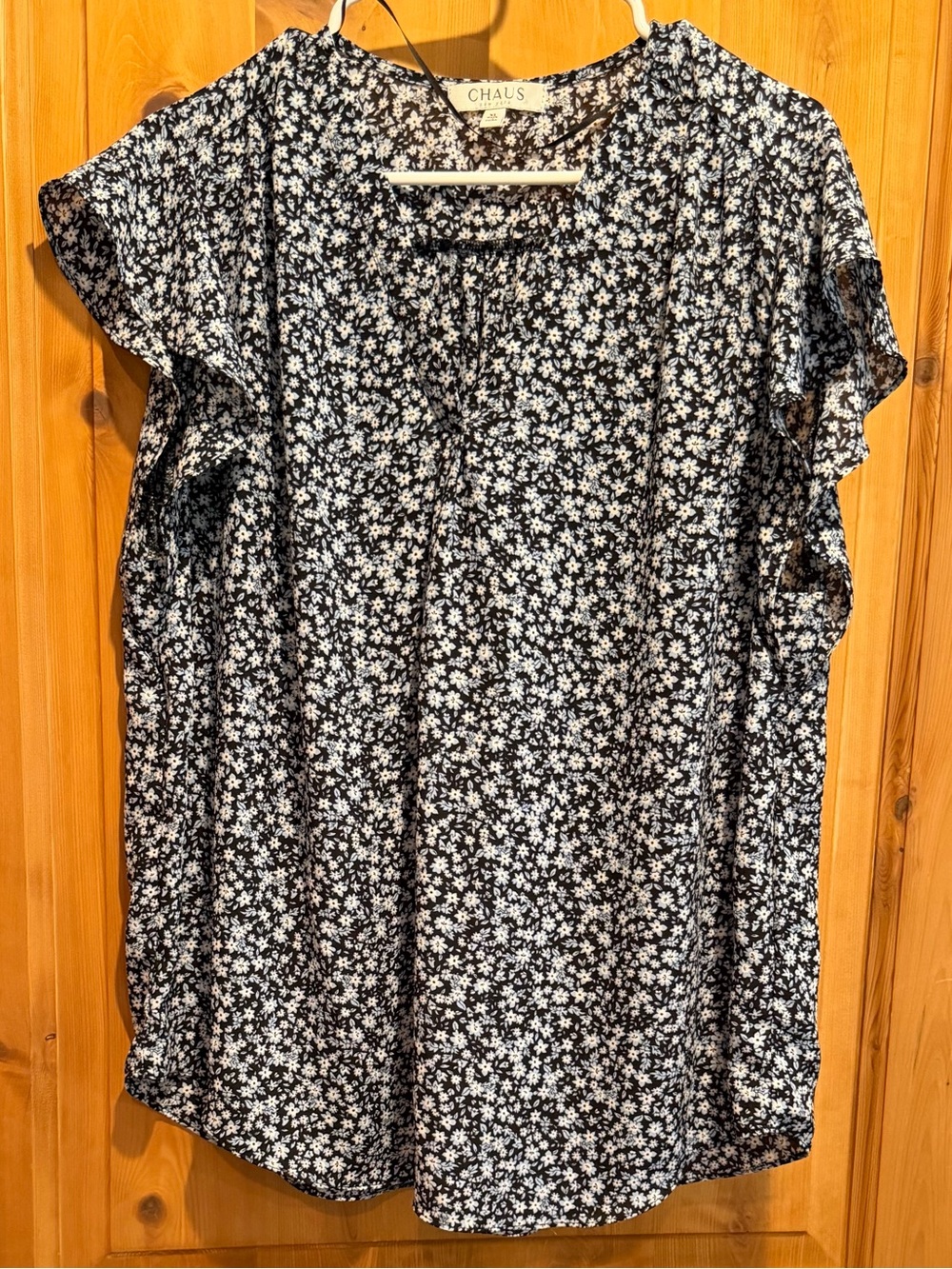 Chaus Black Blouse with Light Blue and White Floral Pattern